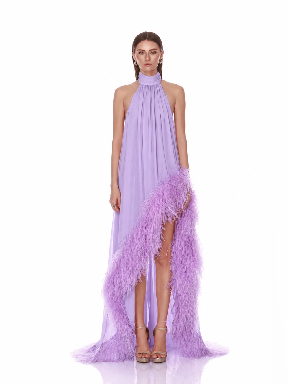 🆕 Bronx Banco Madeline Halterneck Dark Lilac Evening Gown w/ Feather Trim